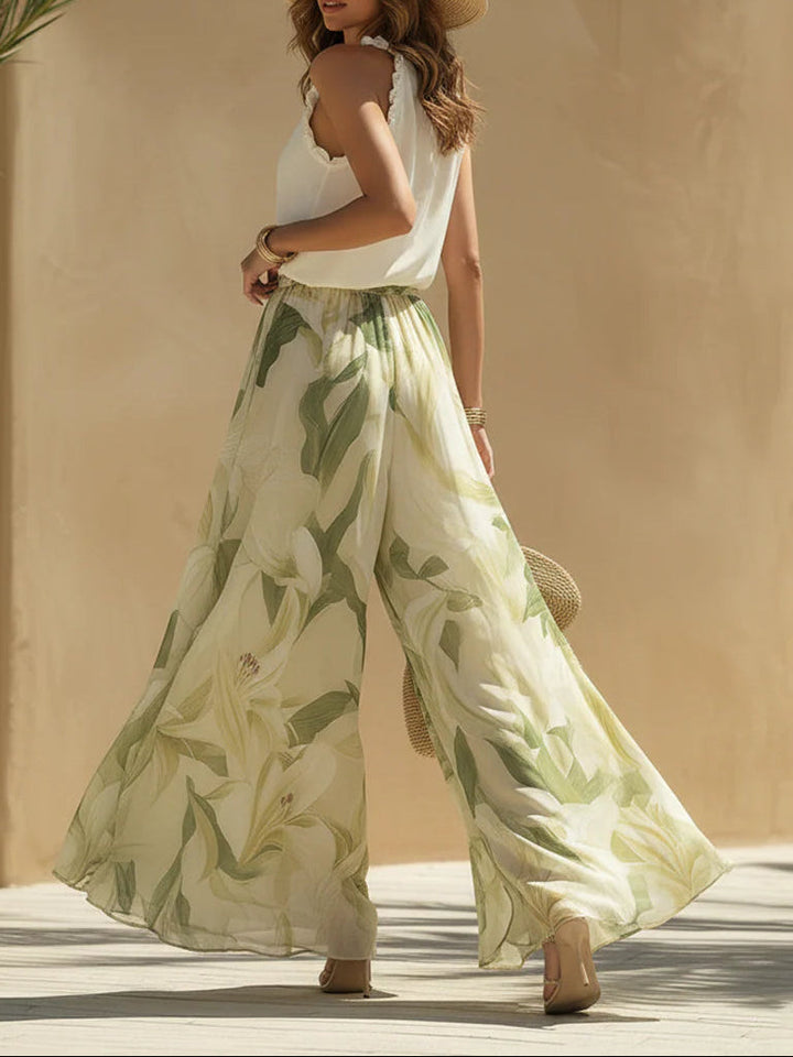 Alessandra - Sleeveless Top with Ruffles and Lilium Print Trousers