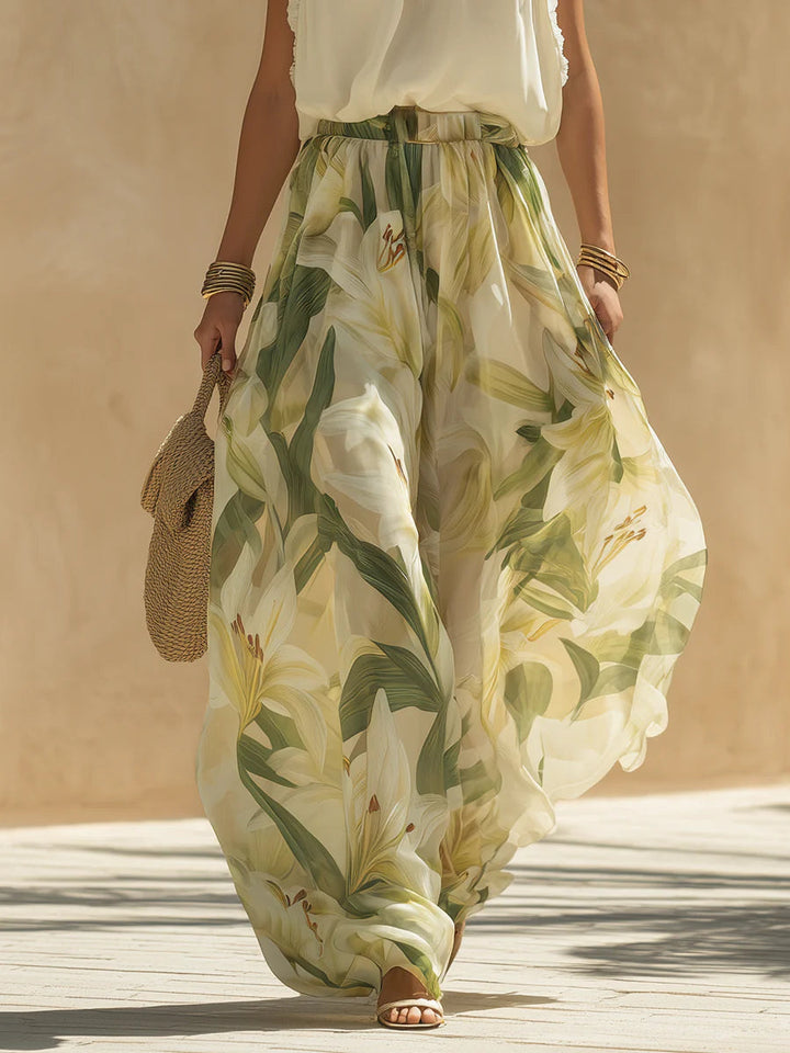 Alessandra - Sleeveless Top with Ruffles and Lilium Print Trousers