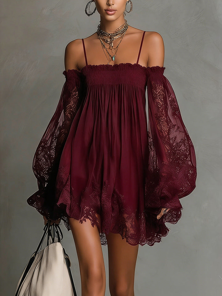 Noemi | Mini dress in navy blue with off-the-shoulder neckline, lace trim, and sheer sleeves