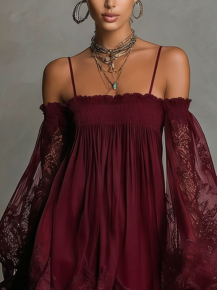Noemi | Mini dress in navy blue with off-the-shoulder neckline, lace trim, and sheer sleeves