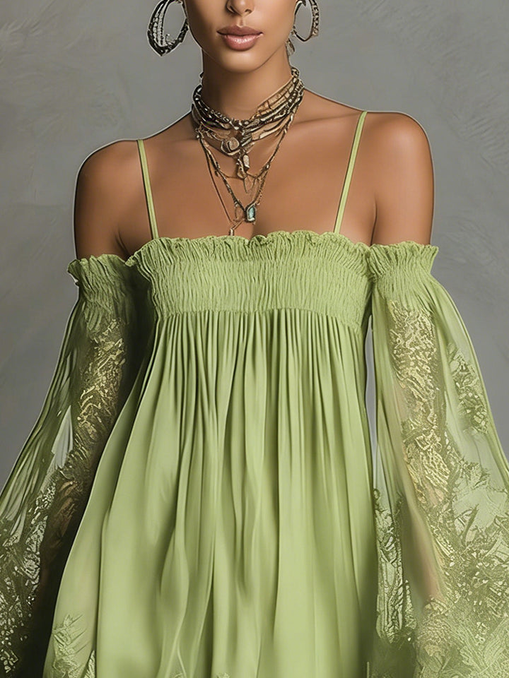 Noemi | Mini dress in navy blue with off-the-shoulder neckline, lace trim, and sheer sleeves