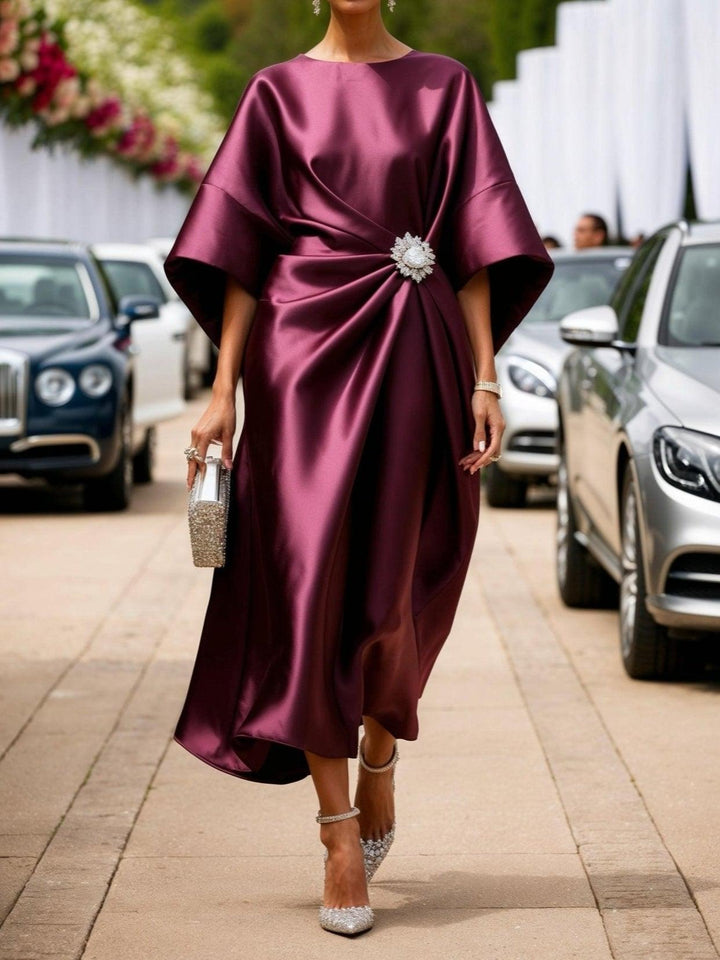 MAXI DRESS IN SHIMMER SATIN WITH RUFFLING AND BOAT NECK