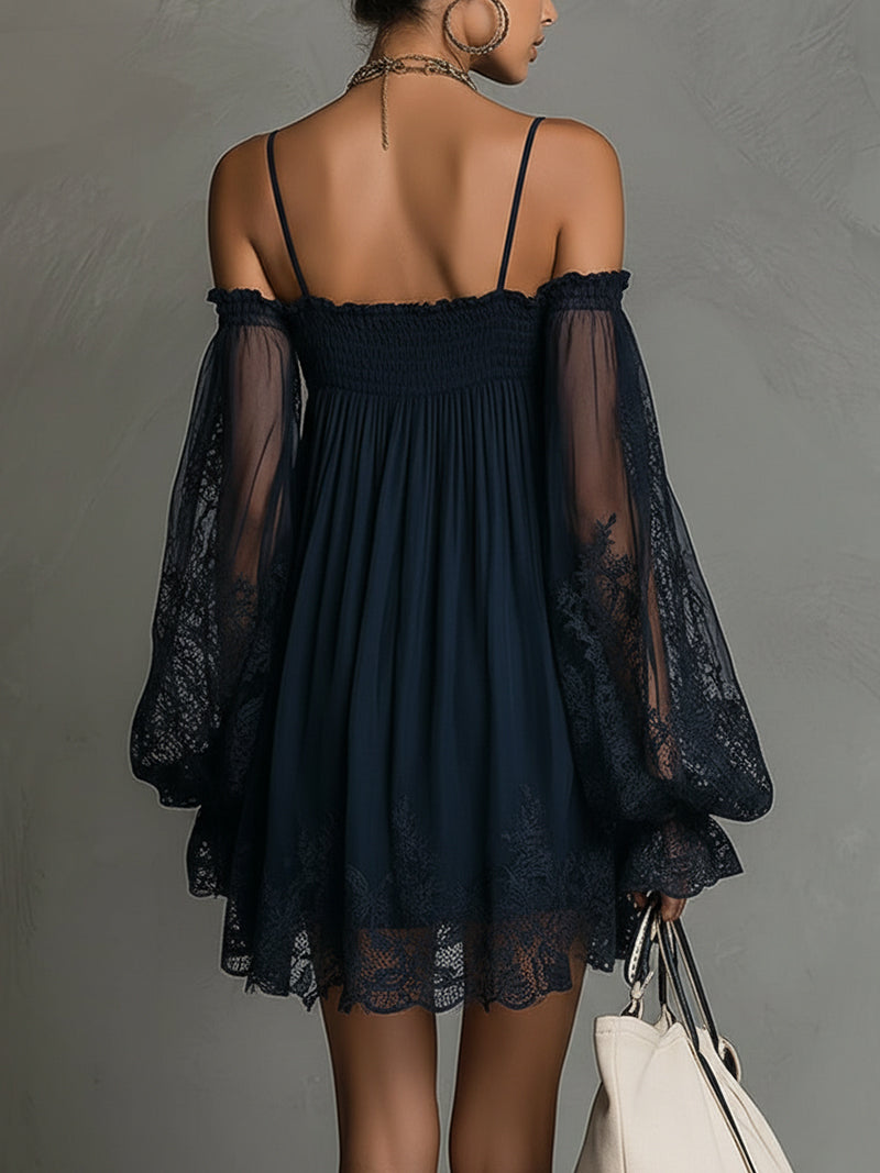 Noemi | Mini dress in navy blue with off-the-shoulder neckline, lace trim, and sheer sleeves