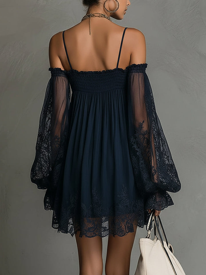 Noemi | Mini dress in navy blue with off-the-shoulder neckline, lace trim, and sheer sleeves