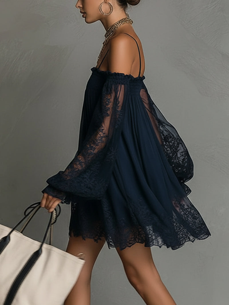 Noemi | Mini dress in navy blue with off-the-shoulder neckline, lace trim, and sheer sleeves