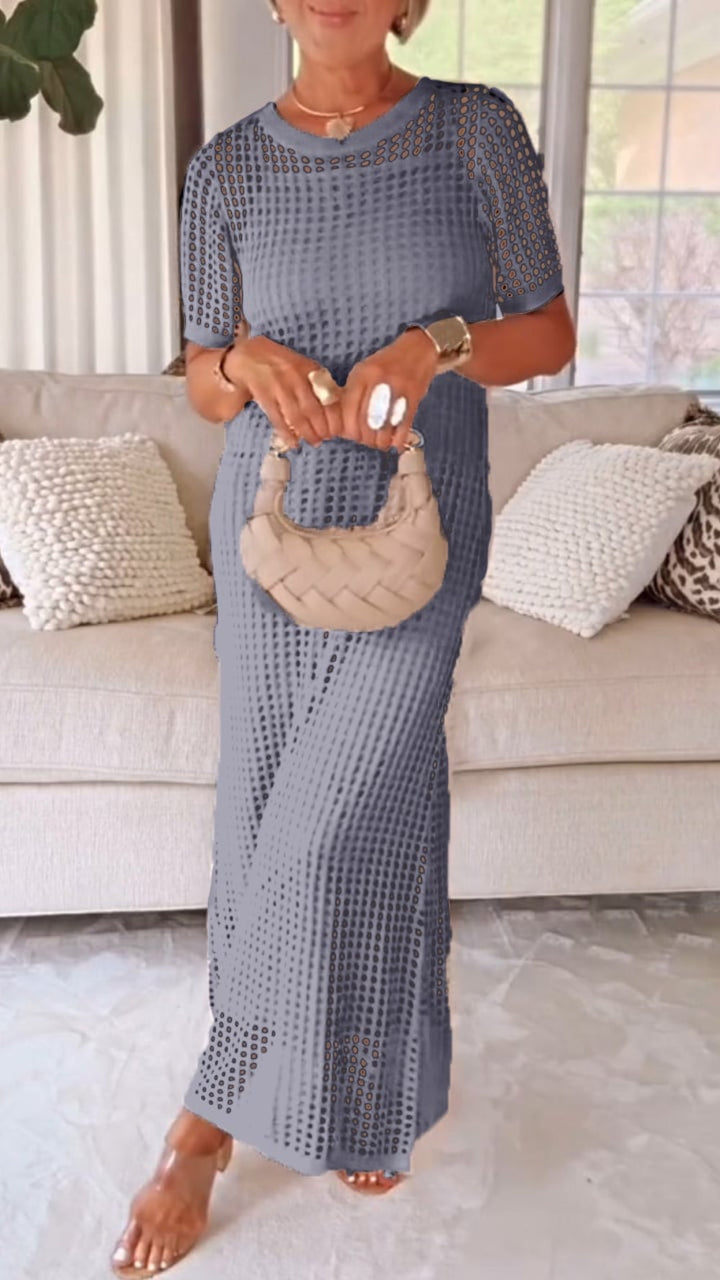 TWO-PIECE DRESS WITH BOAT NECK AND OPENWORK