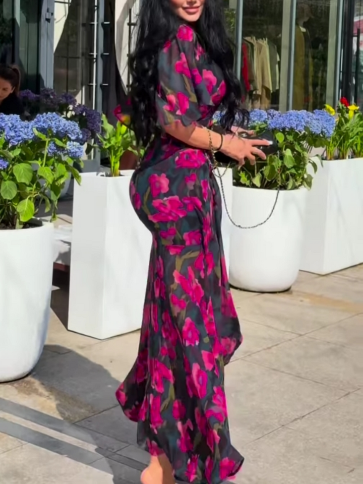 PRINTED V-NECK DRESS WITH BELL SLEEVES