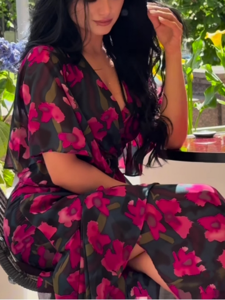 PRINTED V-NECK DRESS WITH BELL SLEEVES