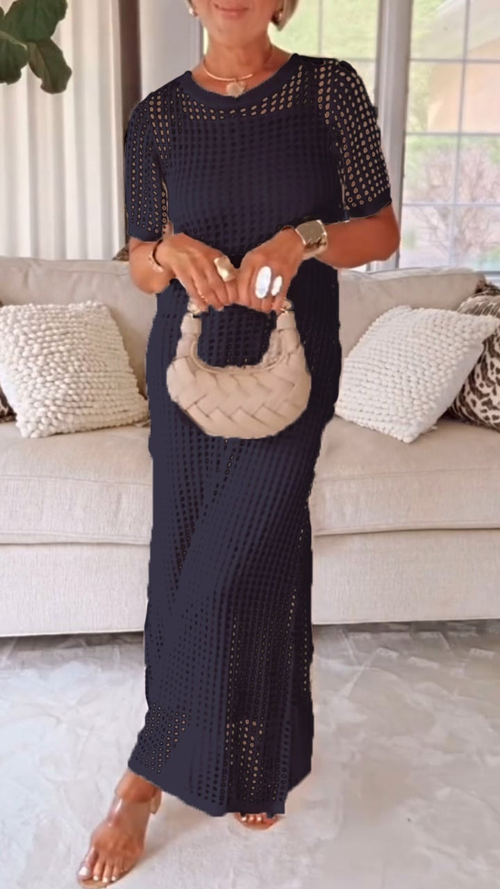 TWO-PIECE DRESS WITH BOAT NECK AND OPENWORK