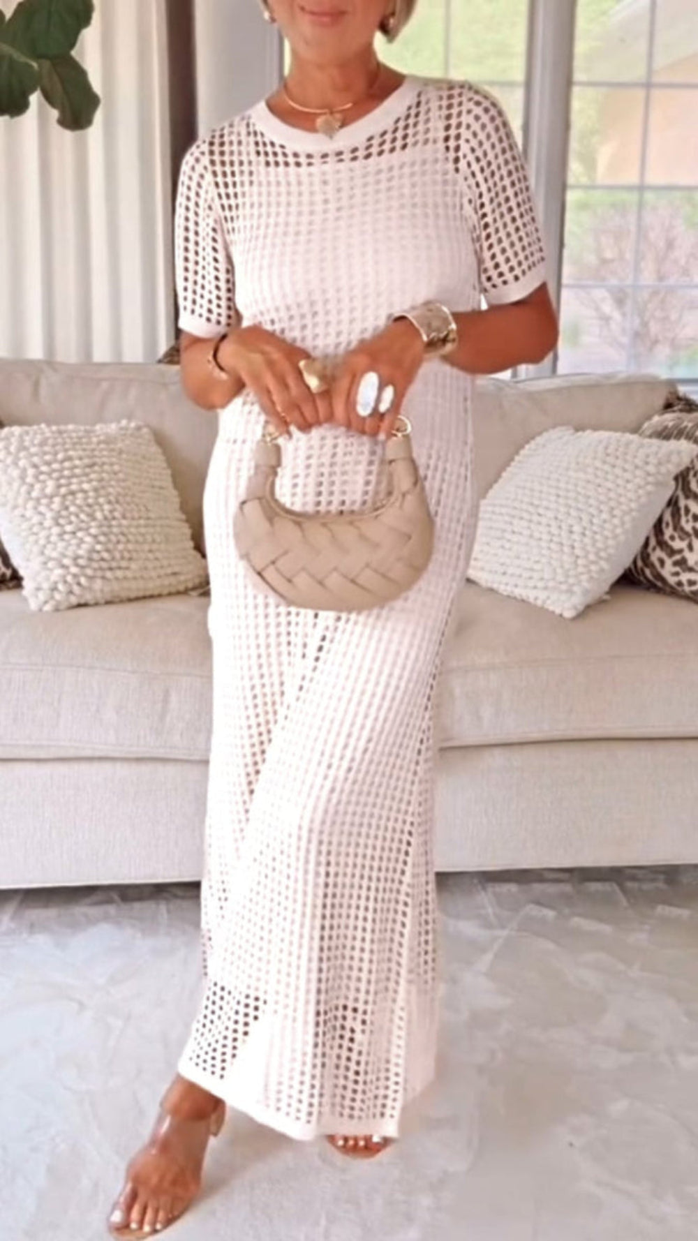 TWO-PIECE DRESS WITH BOAT NECK AND OPENWORK
