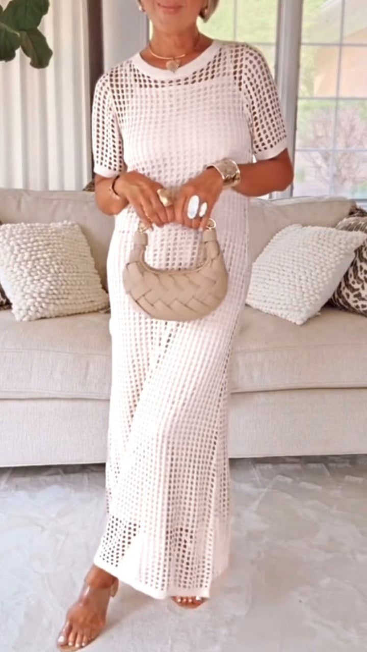 TWO-PIECE DRESS WITH BOAT NECK AND OPENWORK