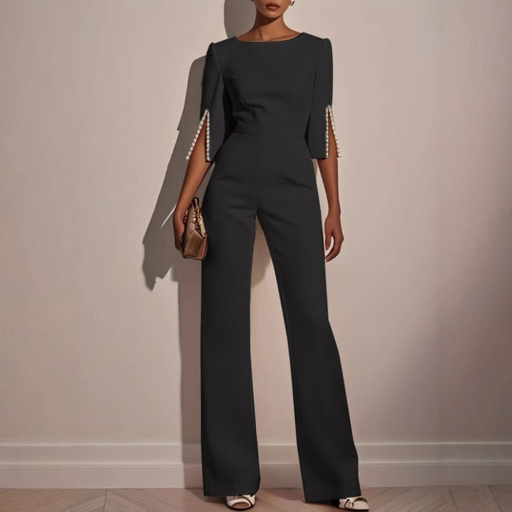 Andrea | Women’s Elegant Wide-Leg Jumpsuit with Pearl Trim