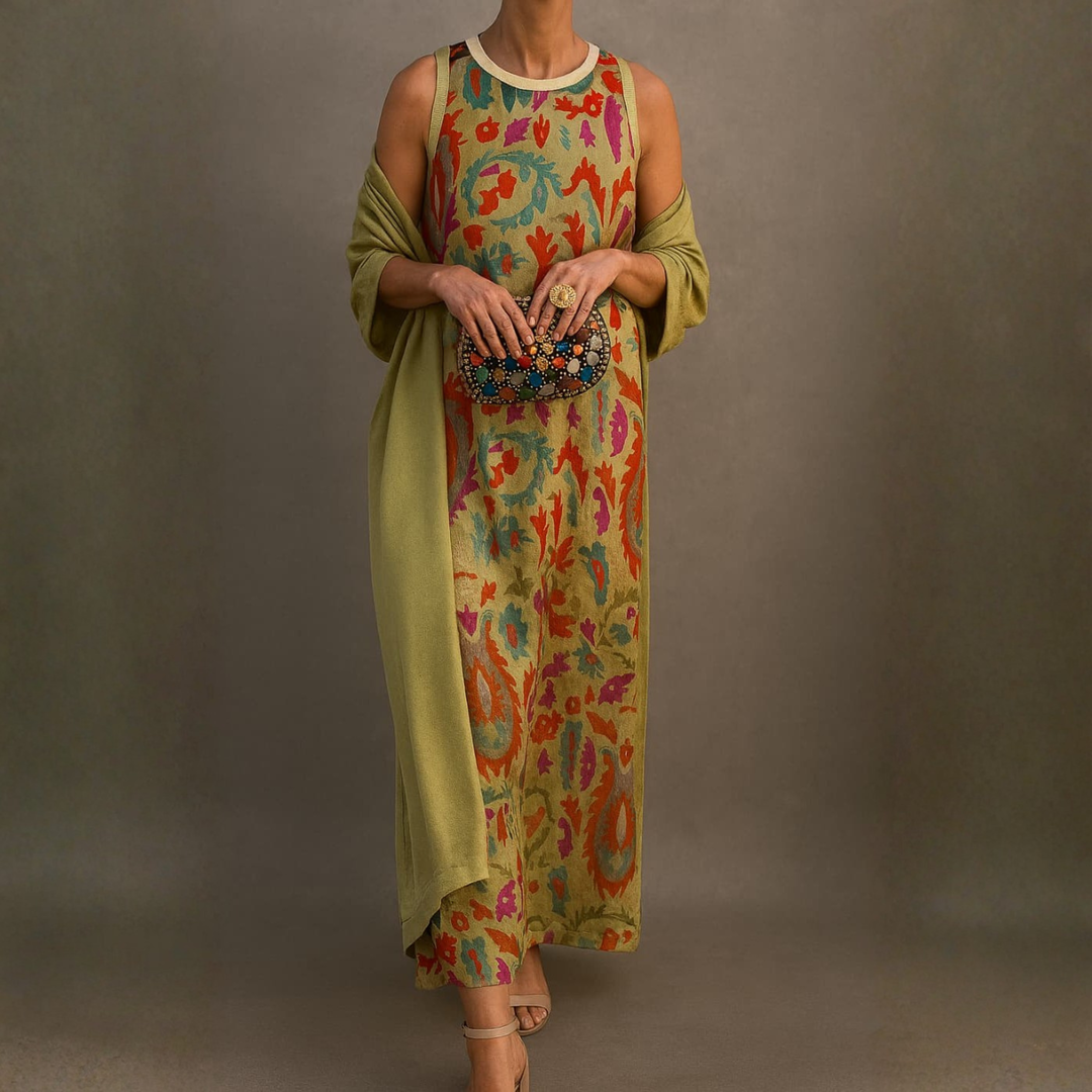 Hailey | Set featuring a long printed dress with a matching cardigan