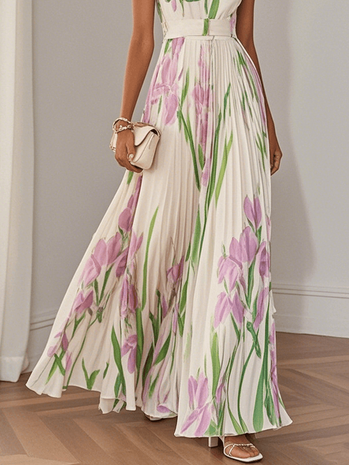 FLORAL PLEATED MAXI DRESS WITH SQUARE NECK