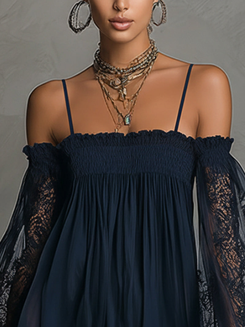 Noemi | Mini dress in navy blue with off-the-shoulder neckline, lace trim, and sheer sleeves
