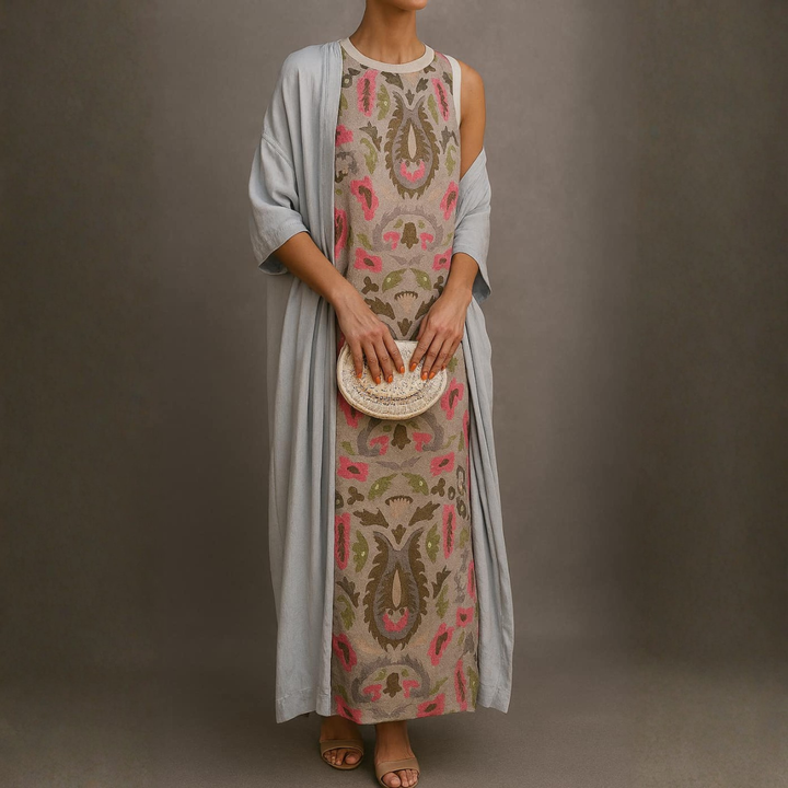 Hailey | Set featuring a long printed dress with a matching cardigan
