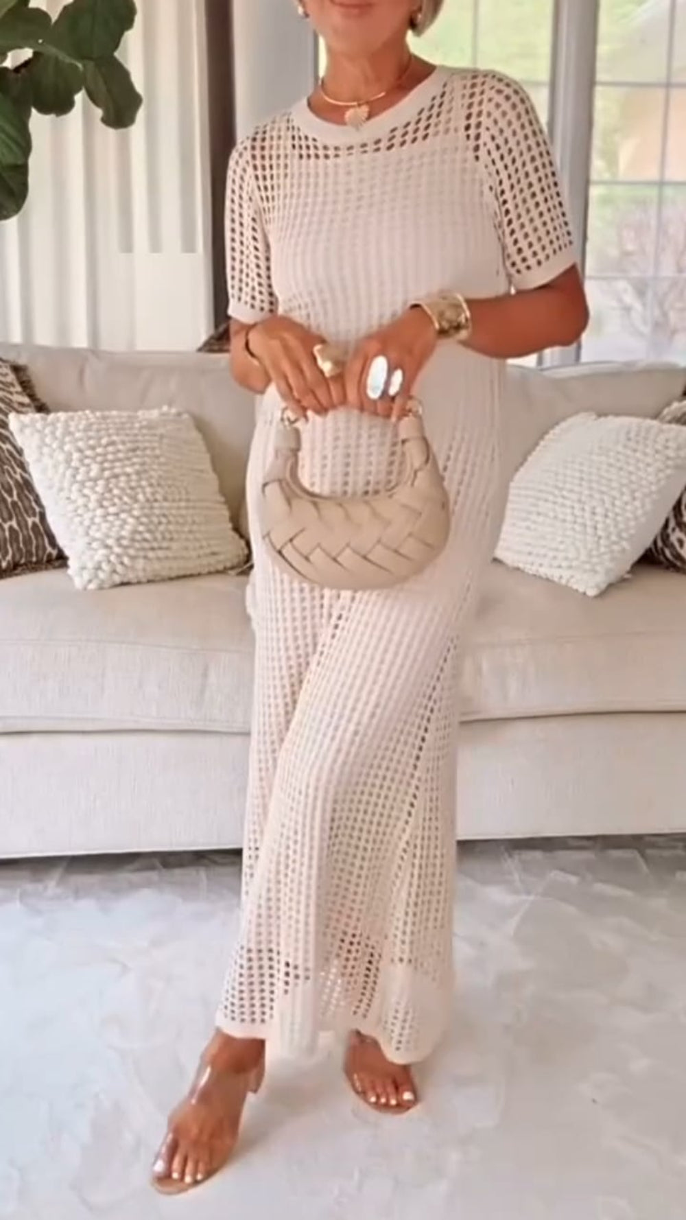 TWO-PIECE DRESS WITH BOAT NECK AND OPENWORK