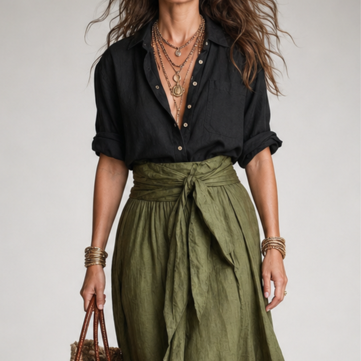 Ashley Set — Black Linen Shirt & Olive Midi Skirt