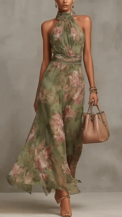 FLORAL HALTER CHIFFON MAXI DRESS