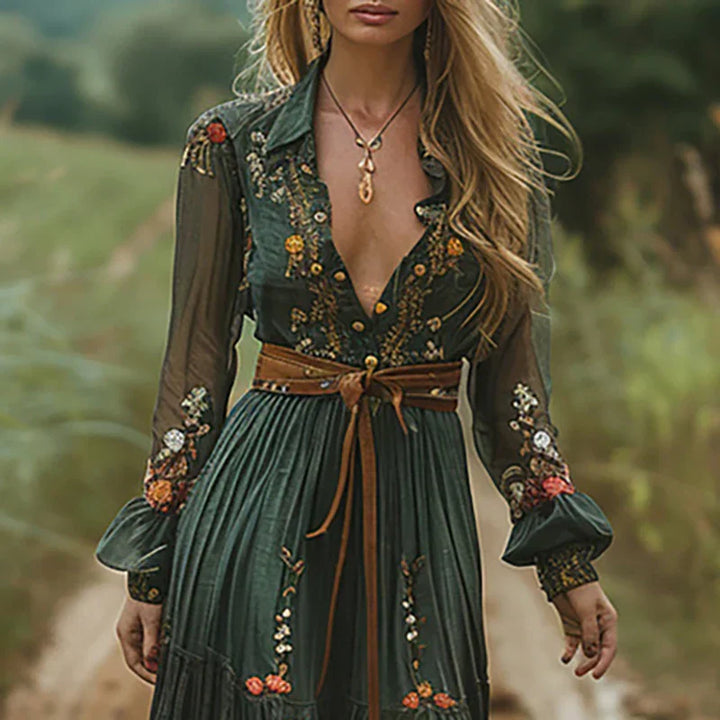 Holly | Embroidered Boho V Neck Maxi Dress