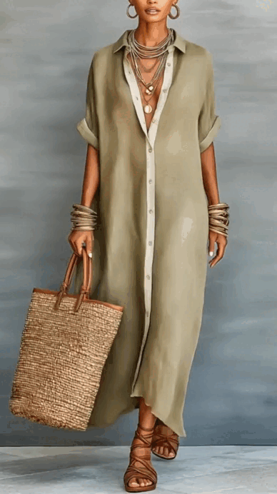 SHORT SLEEVE BUTTON-DOWN MAXI SHIRT DRESS
