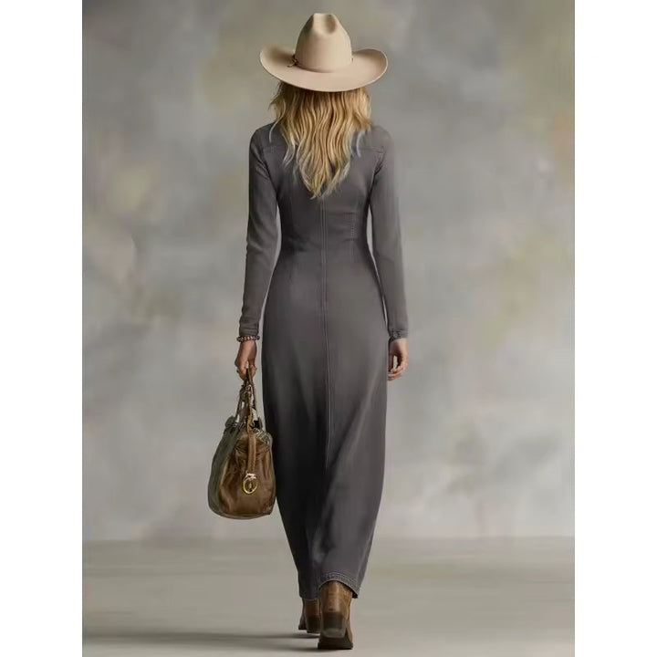 ASYMMETRICAL V-NECK DENIM MAXI DRESS