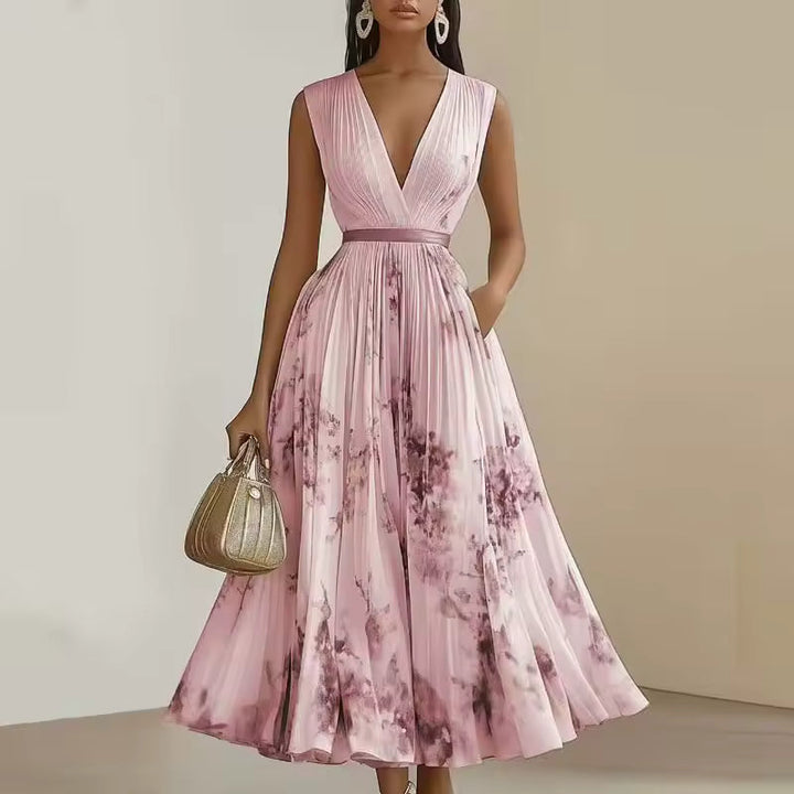 FLORAL MAXI DRESS WITH PLEATS AND V-NECK
