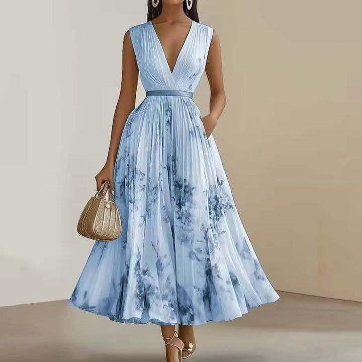 FLORAL MAXI DRESS WITH PLEATS AND V-NECK