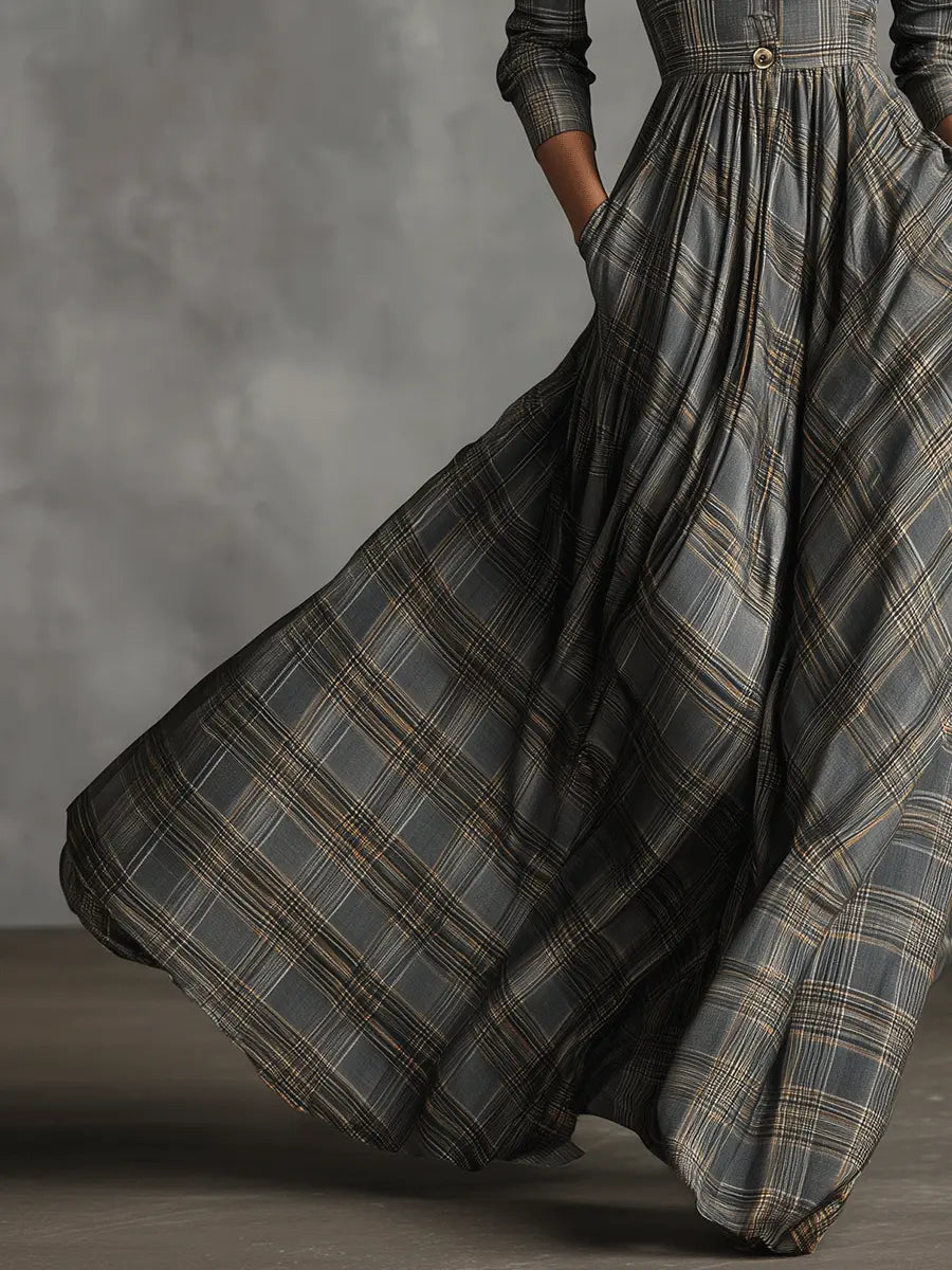 LINEN TARTAN MAXI DRESS WITH A-LINED SKIRT