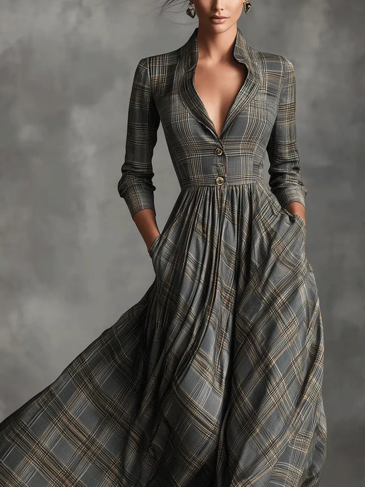 LINEN TARTAN MAXI DRESS WITH A-LINED SKIRT