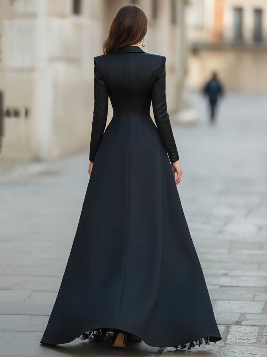 MAXI BLAZER-STYLE DRESS WITH LONG SLEEVES, LACE TRIM, AND SLIT