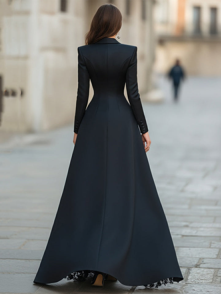 MAXI BLAZER-STYLE DRESS WITH LONG SLEEVES, LACE TRIM, AND SLIT