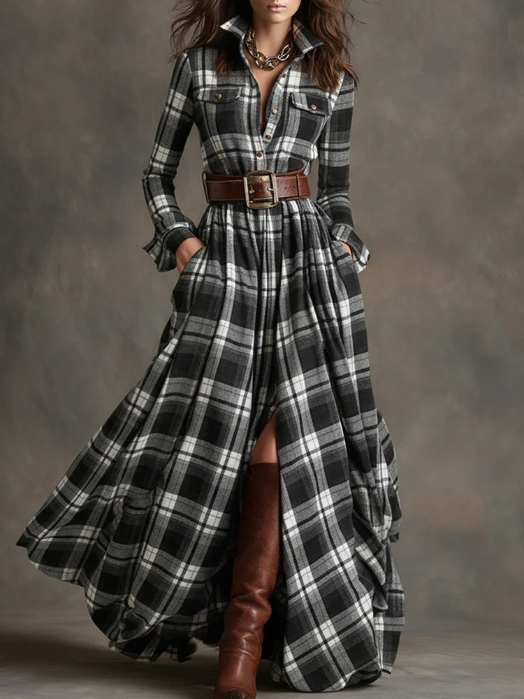 CHECKERED SHIRT DRESS WITH ADJUSTABLE BELT