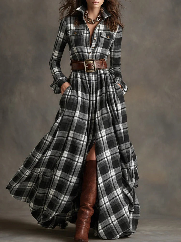 CHECKERED SHIRT DRESS WITH ADJUSTABLE BELT