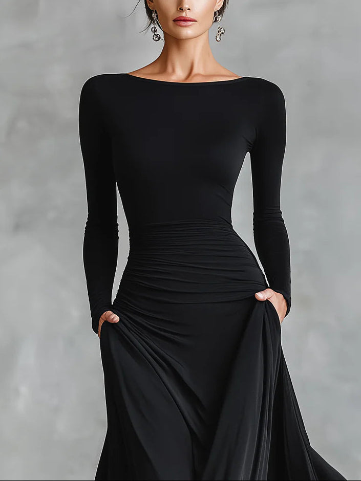 LONG BLACK PLEATED DRESS WITH BOAT NECK