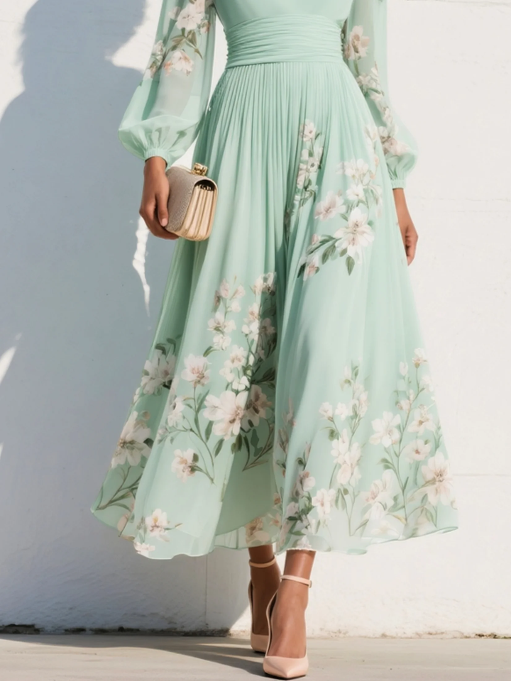 Maxi Pleated Dress in Mint Green with Floral Print for Women