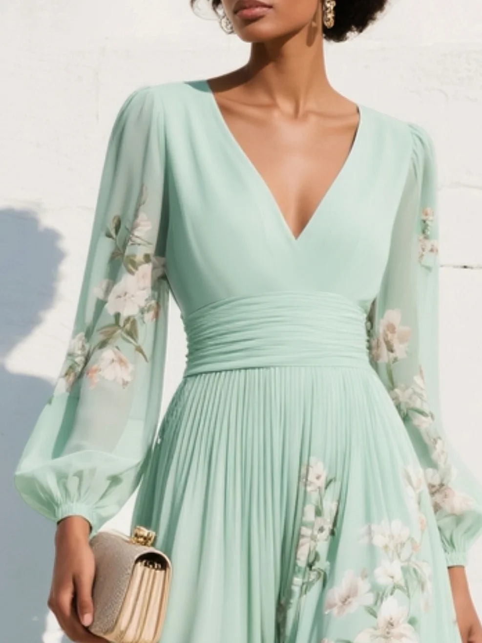 Maxi Pleated Dress in Mint Green with Floral Print for Women
