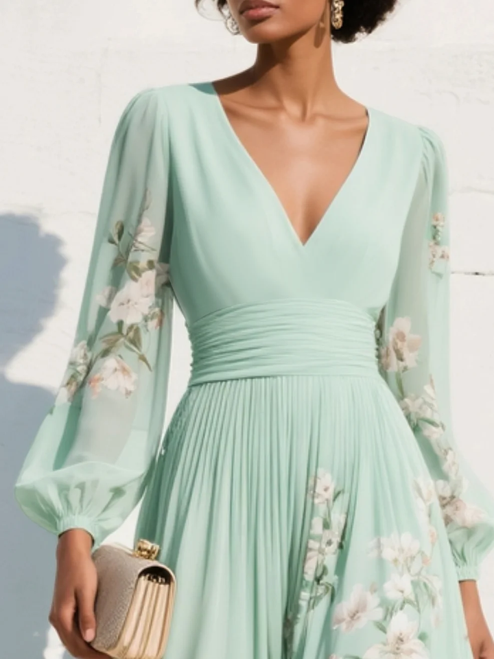 Maxi Pleated Dress in Mint Green with Floral Print for Women