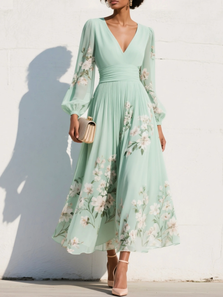 Maxi Pleated Dress in Mint Green with Floral Print for Women