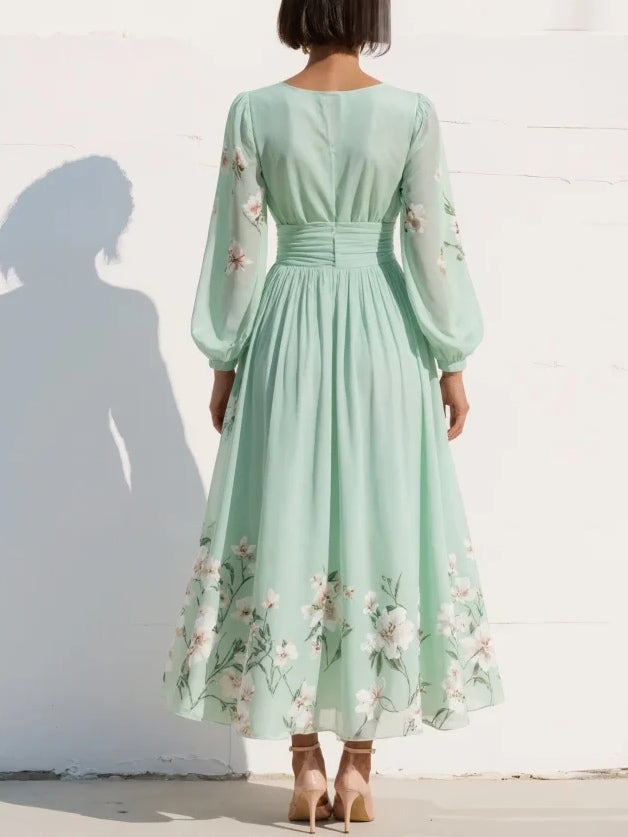 Maxi Pleated Dress in Mint Green with Floral Print for Women