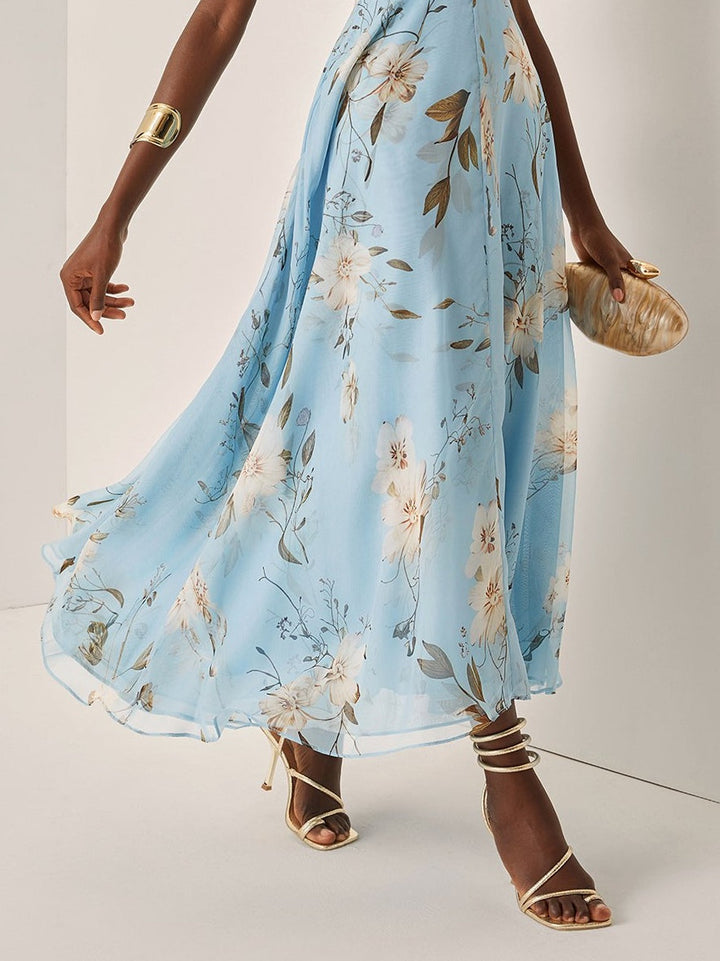 LIGHT BLUE ONE-SHOULDER PLEATED MAXI DRESS