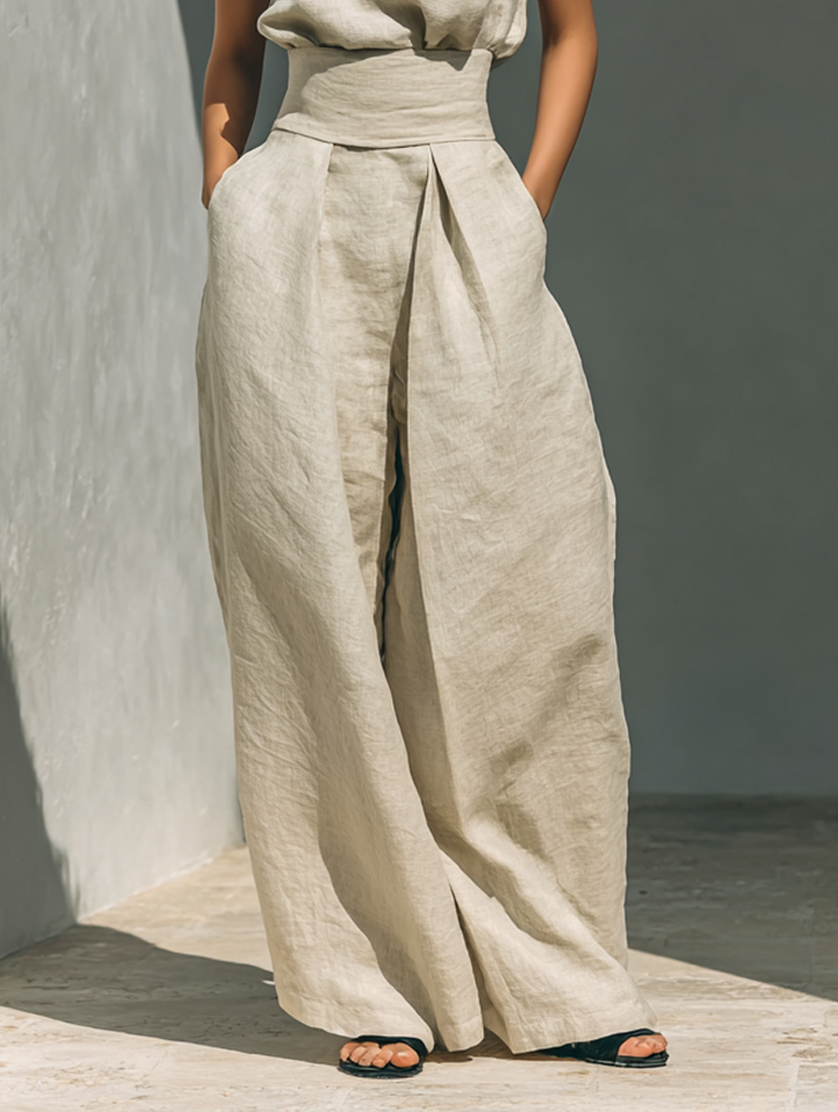 Aurora | Set consisting of a sleeveless beige top in a blend and wide-leg pants