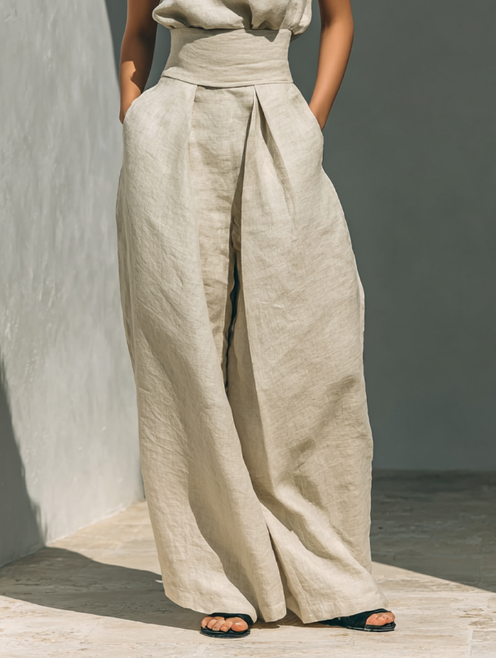 Aurora | Set consisting of a sleeveless beige top in a blend and wide-leg pants