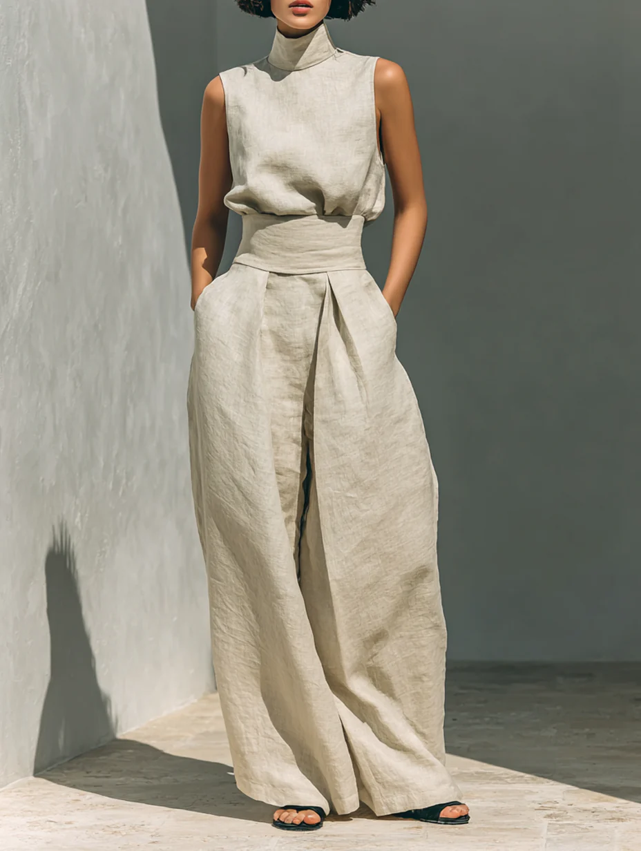 Aurora | Set consisting of a sleeveless beige top in a blend and wide-leg pants