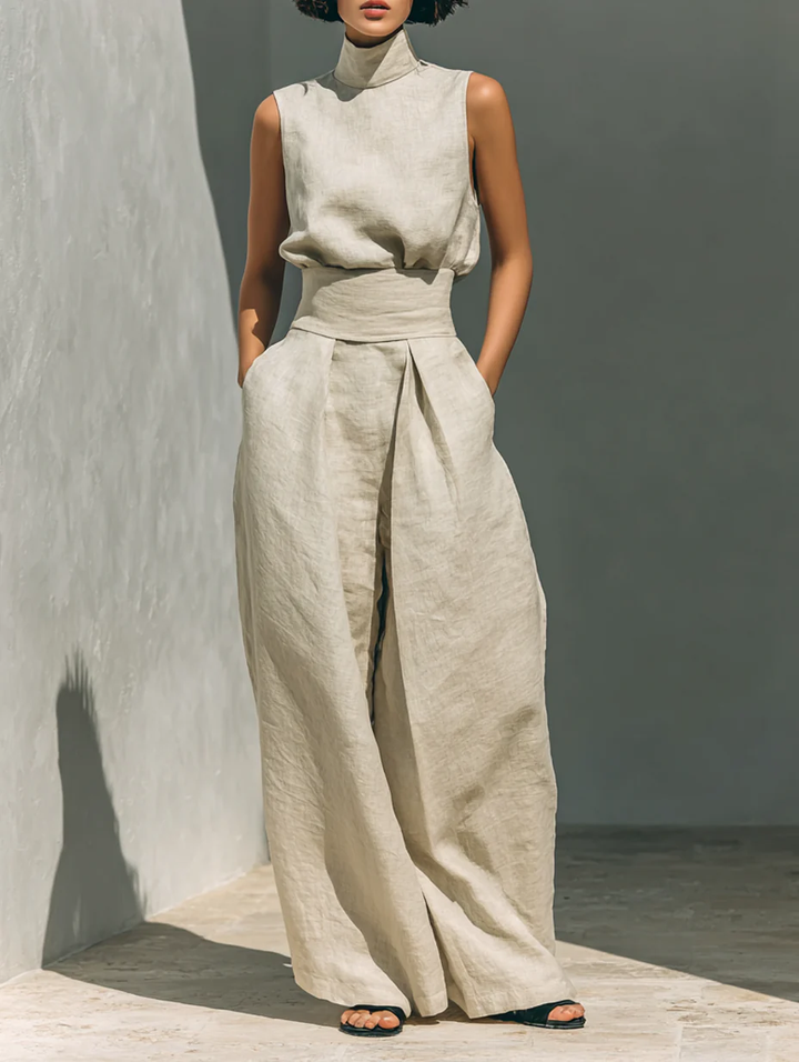 Aurora | Set consisting of a sleeveless beige top in a blend and wide-leg pants