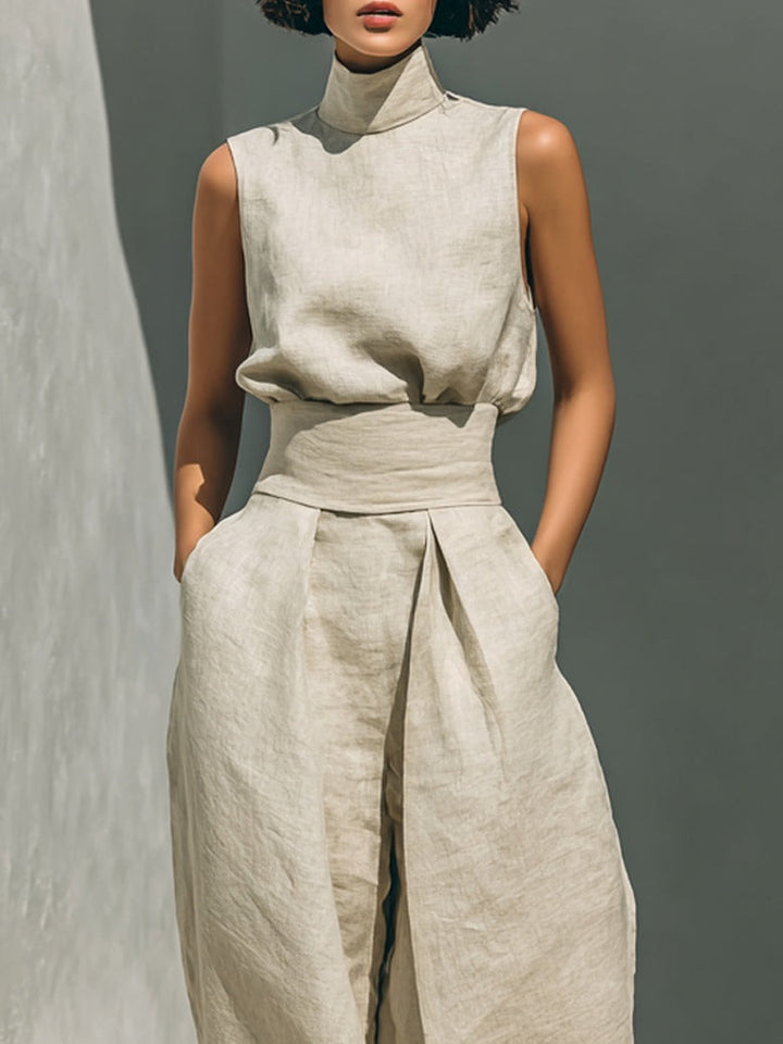 Aurora | Set consisting of a sleeveless beige top in a blend and wide-leg pants