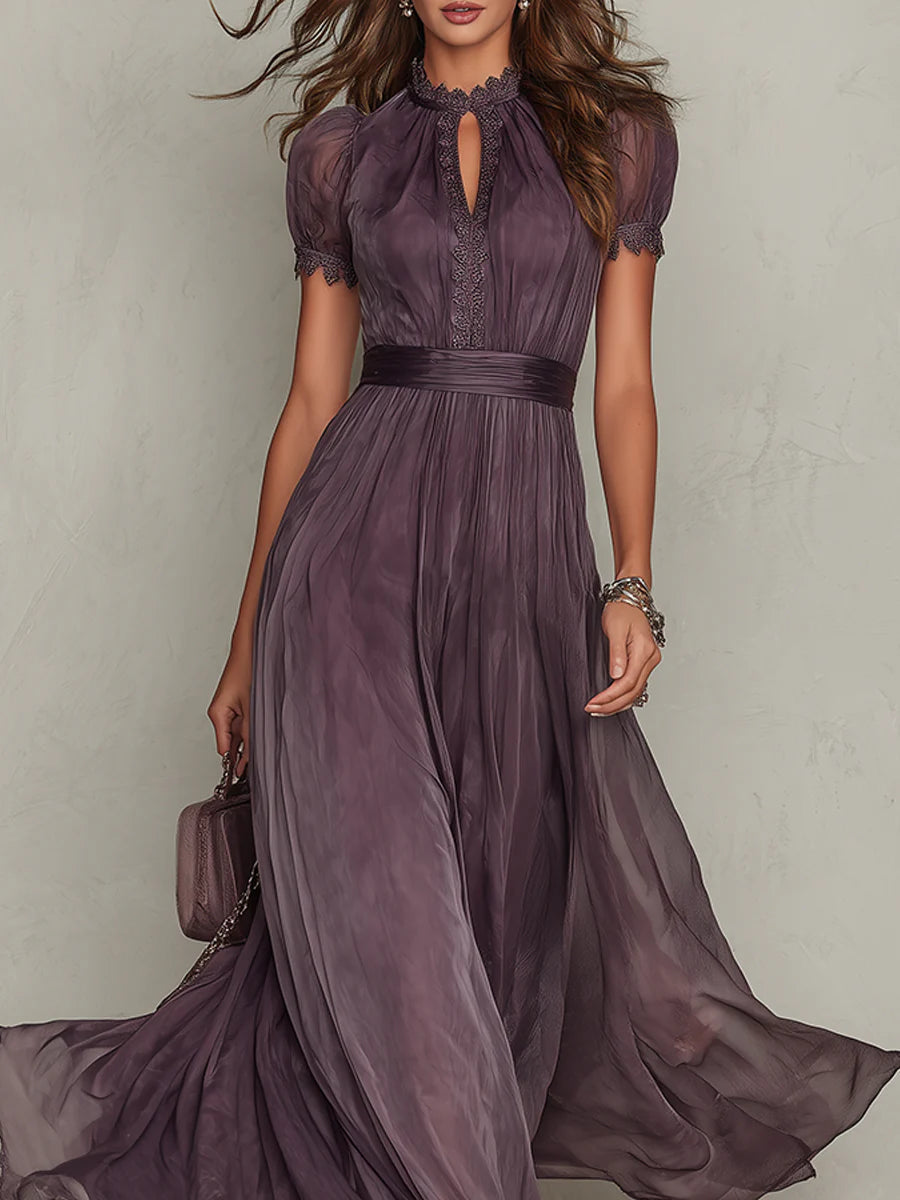 Flavia | Long Purple Dress with Keyhole Neckline, Lace Trim