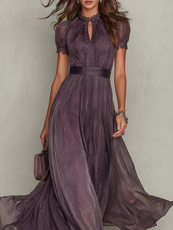 Flavia | Long Purple Dress with Keyhole Neckline, Lace Trim