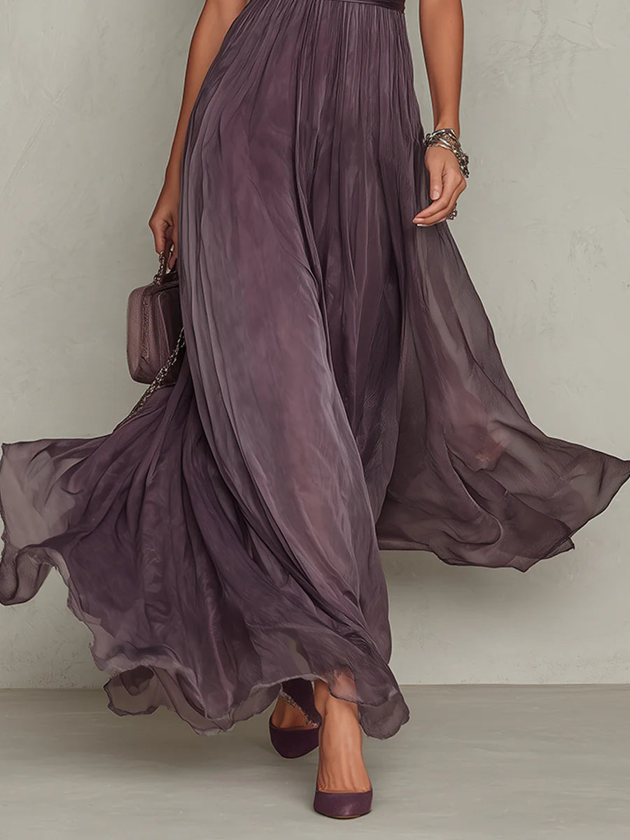 Flavia | Long Purple Dress with Keyhole Neckline, Lace Trim