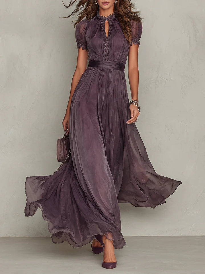 Flavia | Long Purple Dress with Keyhole Neckline, Lace Trim